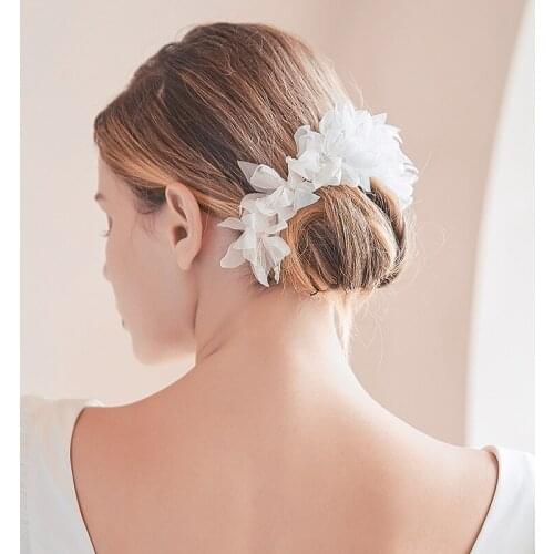 Fashion Chiffon Floral Bridal Hair Clip Piece Crystal Wedding Accessories Handmade Silver Color Women Barrette