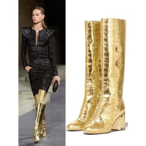 Fashion Egypt gold crocodile high woman boots woman chunky beading heel gold knee high boot Egypt style gold long boots woman