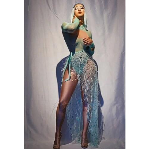 Female Sexy Halter Elastic Perspective Sequins Long Sleeves Stretch Stage Costumes Fashion Women Nighclub Performance Costumes