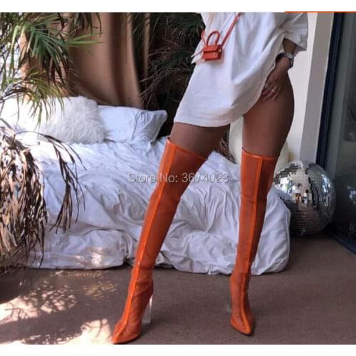 Qianruiti Mesh Over Knee Boots Women Crystal Clear Block Heels Pointed/ Peep Toe Thigh High Gladiator Sandal Boots Summer Shoes