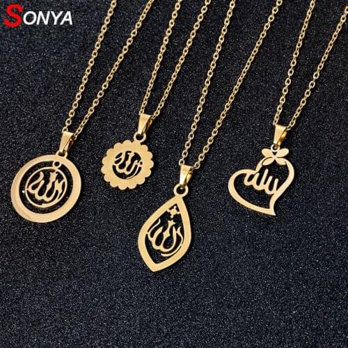 SONYA Arabic Women Gold-color Muslim Islamic God Allah Charm Pendant Necklace Stainless Steel Jewelry Ramadan Gift