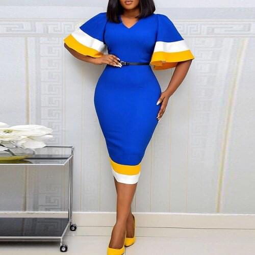 Office Lady Color Block Spliced Pencil Dress for Women Deep V Neck Flare Short Sleeve Dress Elegance Body-shaping Midi Dresses