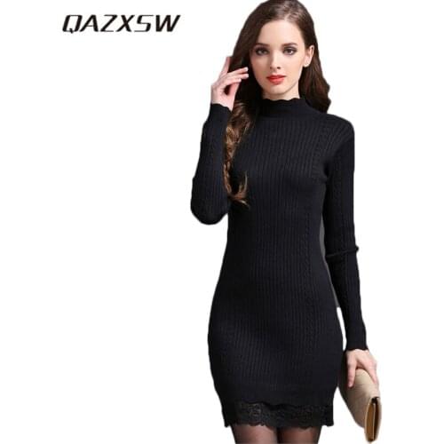 QAZXSW 2019 Autumn Winter Knitted Dress Women Large Size Woolen Dress Turtleneck Lace Dress Patchworek Pullover Vestidos HB481