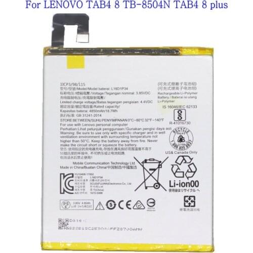 1x 4850mAh /18.7Wh L16D1P34 Replacement Battery For Lenovo TAB4 8 TB-8504N TB-8504X TAB4 8 plus Li-Polymer Batterie