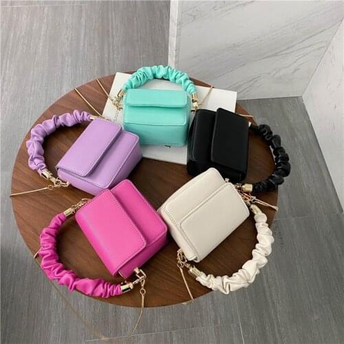 2020 Korea style super mini folds strap handle PU leather shoulder purses and handbags bag womens totes solid crossbody
