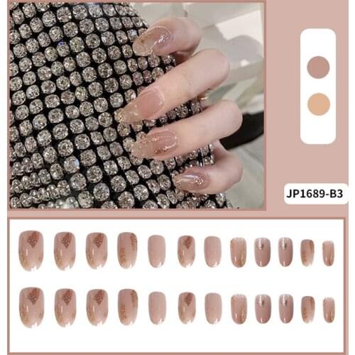 24Pcs/Set Bare Pink Gold Foil Design False Nails Round Head Glue Type Removable Long Paragraph Fashion Manicure DIY Nail Art
