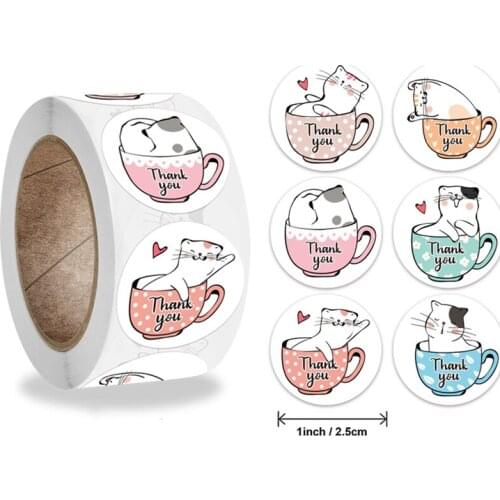 500pcs Thank you stickers cute cat coffee cup pattern Party Wedding Decoration sticker celebrate Festival Gift seal shop kids