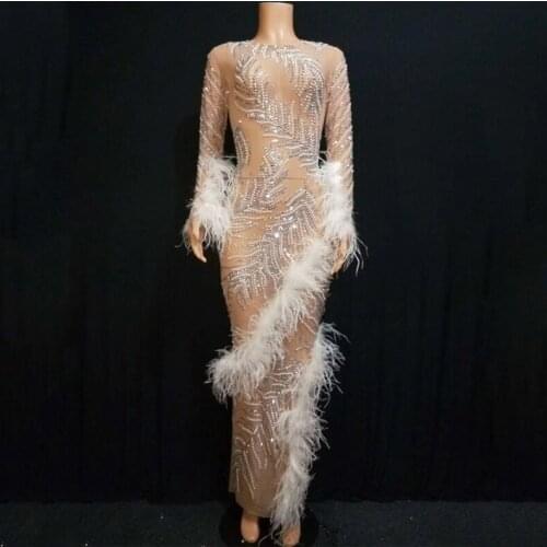 Sparkly Rhinestones Pearls Costume White Feather Long Robe Rave Evening Party Female Singer Performance Stage Dress DT1356