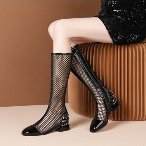 Sandal Womens Kitten Heel Shoes High Tube Mesh Cold Boots Side Zipper Boots Martin Low Heel Mesh Boots Hollow-Out Sandals