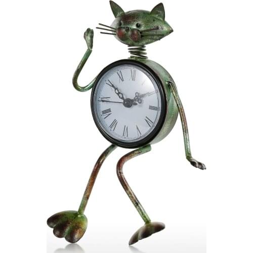 Cat Clock Handmade Vintage Metal Iron Cat Figurine Mute Table Clock Practical Clock One AA Battery