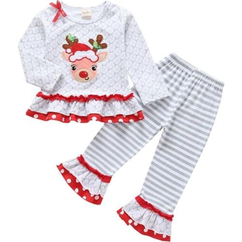 Childrens Clothes for Christmas And New Year Baby Girls Clothing Sets Cartoon Deer Casual top + pants