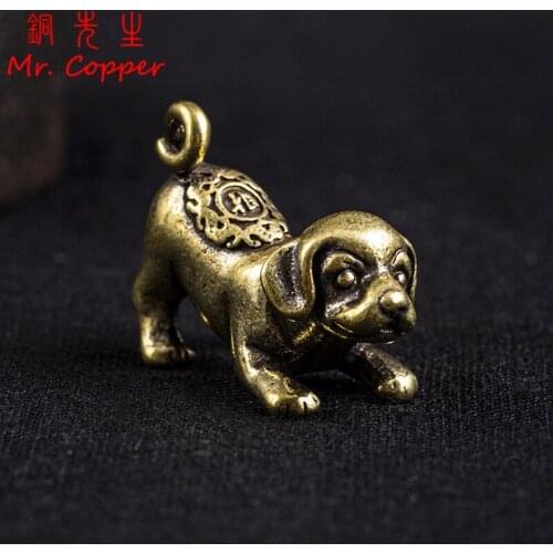 Solid Brass Lucky Puppy Figurines Miniatures Desktop Ornament Room Decoration Accessories Retro Copper Zodiac Animal Dog Tea Pet