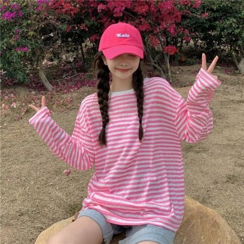 Korean Chic Loose Striped Thin T-shirts Women Spring Summer Casual O Neck Long Sleeve Harajuku Soft Tees Youth Girls Outwear Top