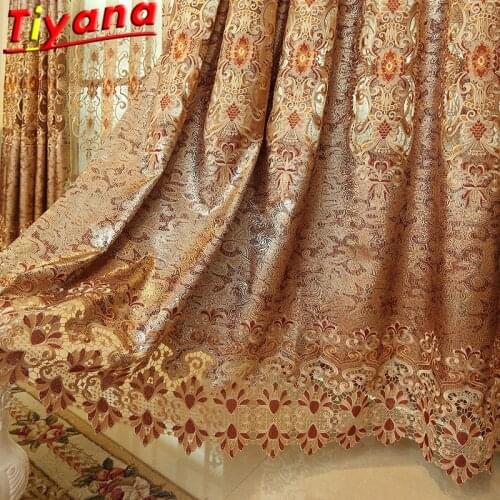 Brown Luxury Embroidery Curtains for Living Room Coffee Blackout Lace Bottom Curtains for Bedroom X-HM663#VT