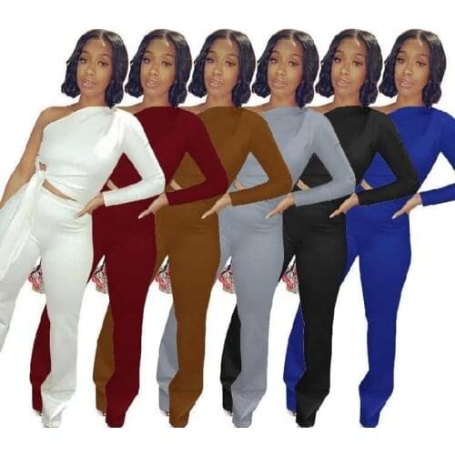 Sexy One Shoulder Tracksuit Women Two Pieces Pants Sets Lace Up Long Sleeve Top and Long Pants Casual Autumn Outfits Activewear