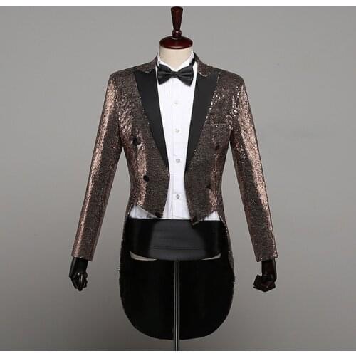 6 Colors Fashion Champagne Gold Silver Red Blue Black Sequins Tuxedo Swallowtail Coat Singers Paillette Jacket Costume Outfit