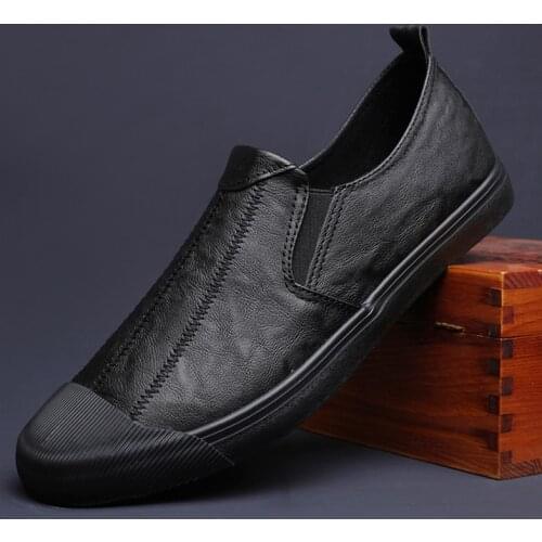 New Men Leather Casual Shoes Spring Fashion Men PU Leather Stitch Slip-On Leisure Loafers Flat Shoes