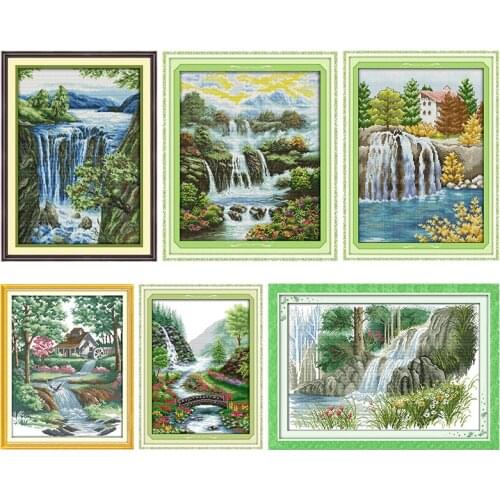 Joy Sunday Waterfall Embroidery Needlework Cross-Stitch Kit Stamped Printed Patterns 11CT 14CT Counted Crafts DIY Home Decor Set