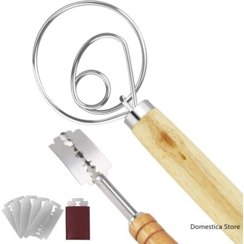 Premium Hand Crafted Bread Making Tools Set Including Danish Dough Whisk+Bread Lame Scoring Tool Blades Leather Protective Cover