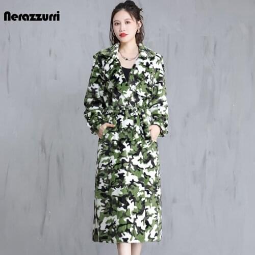 Nerazzurri Winter Long Colorful Camouflage Soft Warm Faux Fur Trench Coat for Women Sashes Loose Casual Korean Fashion 2021 2022
