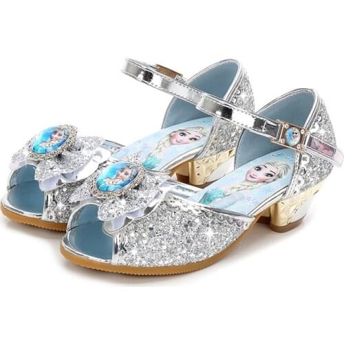 2019 New Frozen Elsa And Anna Girls Sandals With Glitter Bow Disney Princess Kids Soft Shoes 2#20/10D50