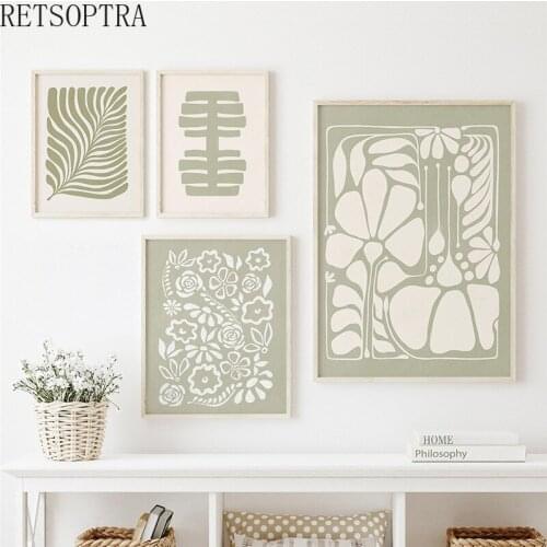 Original Green Color Abstract Line Fower Leaf Canvas Poster Picture Wall Art Print Painting for Room Decor Posters Prints