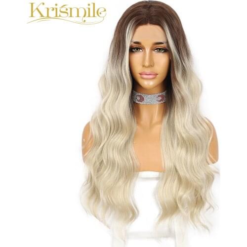 Krismile Balayage Wig Synthetic Lace Wig Ombre Blonde Highlight Long Wavy Middle Parting Hair for Women Daily High Temperature