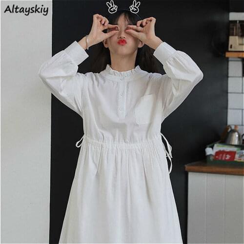 Dresses Women Button Solid O-Neck Sweet Clothes Teenagers Fashion Preppy Oversized Korean Style Spring Newest White Holiday Chic