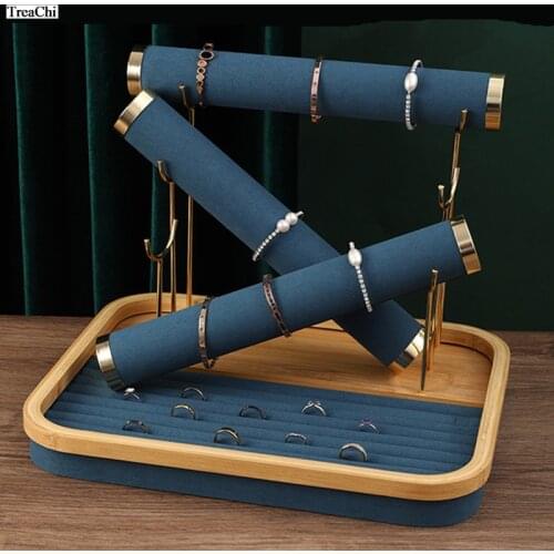 Light Luxury Jewelry Storage Rack Gold Three-tier Bracelet Display Rack Bamboo Wood Ring Earrings Storage Tray Counter Display