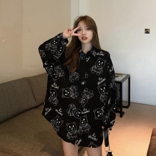 Bear Print Chiffon Shirt Ladies Long Sleeve 2021 Spring and Autumn New Loose Korean Chic Retro Hong Kong Style Shirt Harajuku