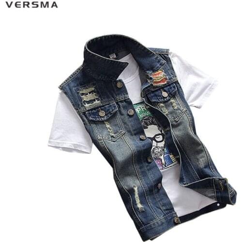 VERSMA Mens Denim Vest Men Colete Masculino Denim Vests Men Sleeveless Jacket Motorcycle Vest Mens Waistcoats Vests & Waistcoats