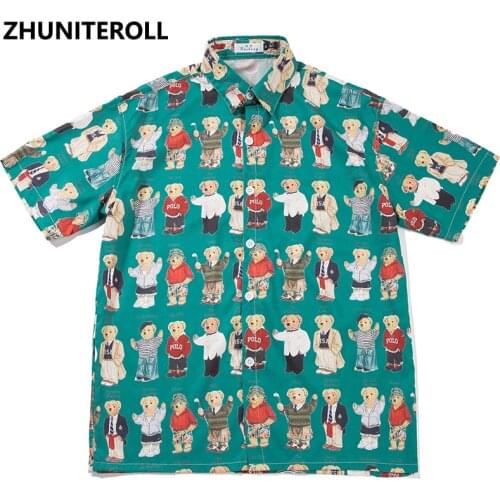 Hip Hop 2021 Vintage Shirt Streetwear Men Funny Cartoon Bear Print Hawaiian Beach Shirt Harajuku Short Sleeve Aloha Shirt Tops
