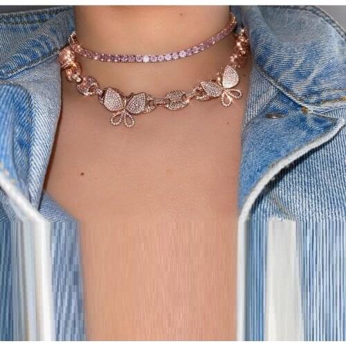 High Quality pink women choker micro pave cz coffee beaded chain Pink butterfly choker necklace 15" 16"