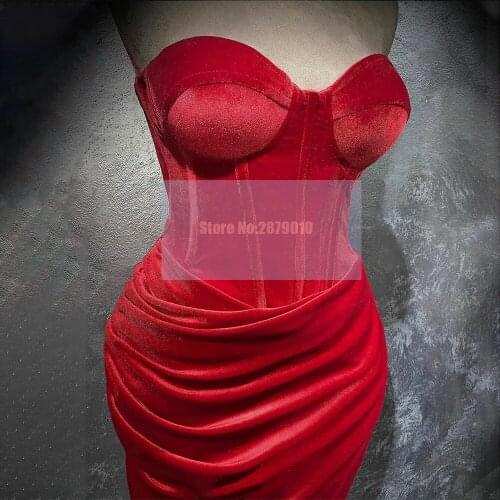 Bright Red Sweetheart Mermaid Evening Dress Floor-Length Sleeveless Velvet Strapless Pageant Dress Saudi Arabia 2020 Dubai