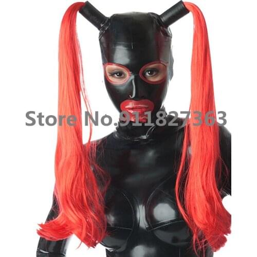 Andmade Women Latex Hoods With two red Tress Wig Hair Customized Zipper Fetish Open Eyes Mouth Mask Heroine Headgear Zentai