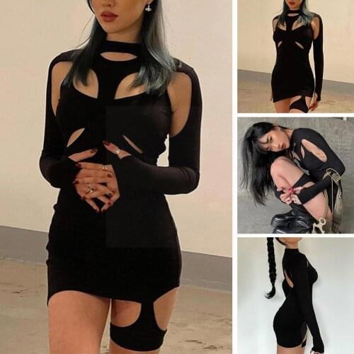 Women High Street Spring Casual Stretch Slim Hollow Black Bodycon Dresses Out Simple Ladies Dresses New 2021 Sexy Min B2S3