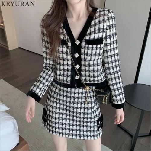 Knitted Two Piece Set Women Spring Autumn Vintage Chic Plaid Stitching Long Sleeve Cardigan Sweater Jacket + Skirt Suit Female