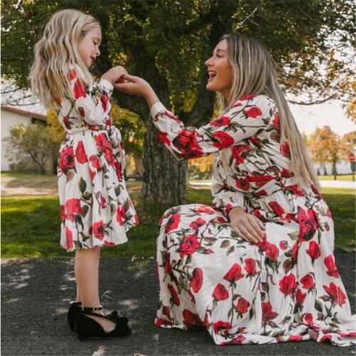 2021 Printed Mother Daughter Suit European and American Flower Dress Parent Child Suit Long Sleeve Long dress family matching cl