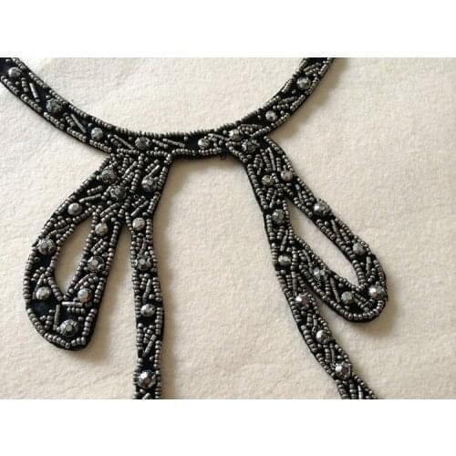 Free shipping beaded collar applique, Black Green Collar, costume vintage style collar applique