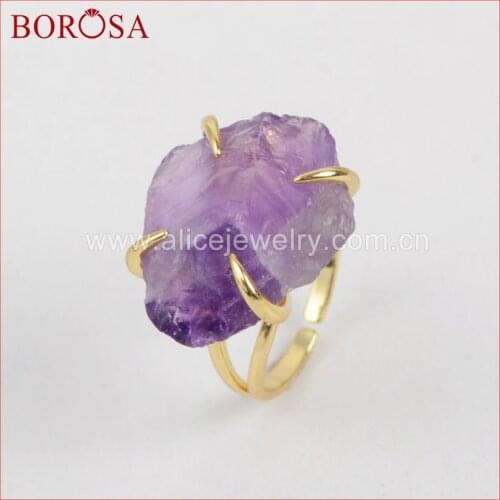 BOROSA Gold Color Rough Natural Purple Crystal Druzy Claw Setting Ring, Druzy Crystal Stone Gems Ring for Women ZG0133