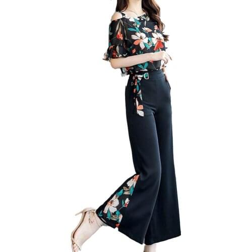 Women Two Piece Set Femme Flower Print Tops And Solid Wide Leg Long Pant Suits Ladies Plus Size 3XL Slim Tracksuit