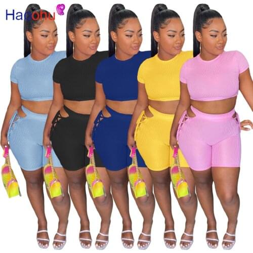 HAOOHU Knit Womens Set Outfits Acitve Mini Tee Crop Tops and Lace Up Shorts Matching Two Piece Set Sport Tracksuit Sweatsuit