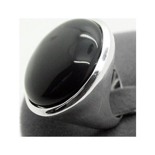 Rare Natural Black Natural jade 24mm 925 Sterling Silver Jewelry Ring Size 7/8/9/10