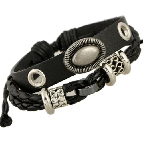 Fashion Punk Men Black Leather Bracelet Wrap Multilayer Braided Alloy Beads Charm Bangle Handmade Wristband Vintage Rock Jewelry