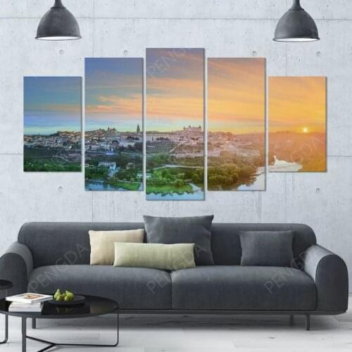 Wall Art HD Printed Building River Pictures 5 Set Sunset Canvas Painting Modular Landscape Poster Framework Home Decor Bedroom