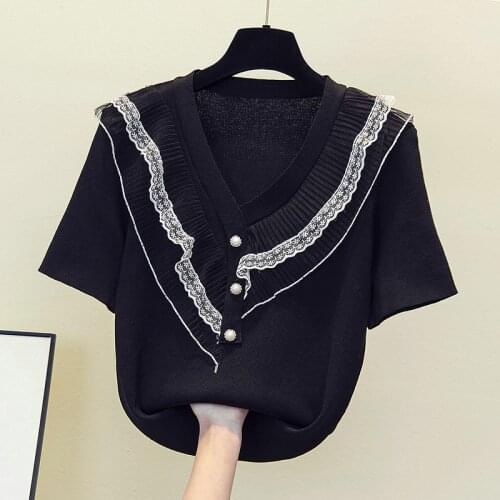 2021 Spring And Summer New Style Foreign Style Lace Knitted Short Sleeve T-shirt Ice Thin Top White