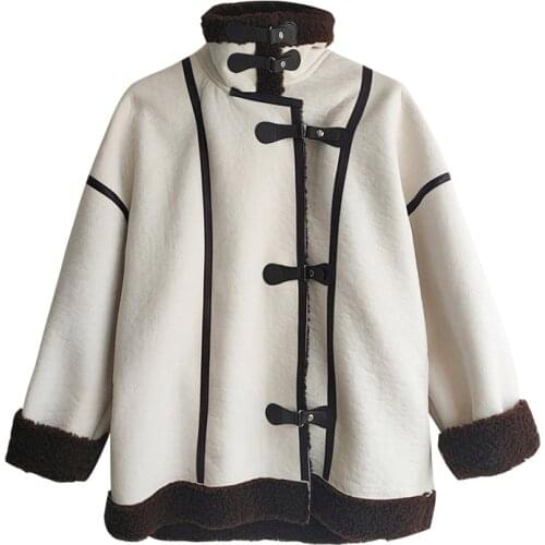 PERHAPS U Women White Khaki Cotton Lambswool Teddy Coat Turn Down Collar Button Pocket Coat Winter C0490