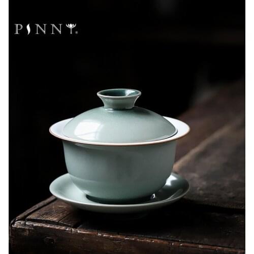 PINNY 110ML Cyan Glaze Kung Fu Gaiwan Pigmented Ceramic Tea Tureen Heat Resistant Tea Bowl Retro Drinkware