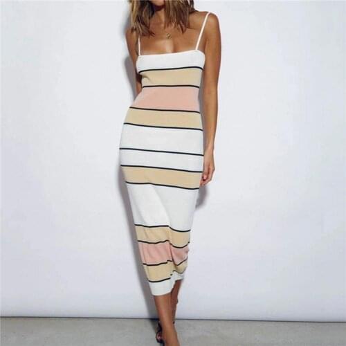 Dress Yellow Stripe Sexy Women Sling Sleeveless Sheath Dress for Work