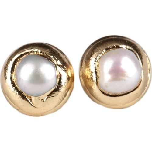 Simple natural off white ivory white freshwater pearl bead charm pure gold color frame rim push back stud earring for women man